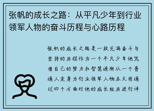 张帆的成长之路：从平凡少年到行业领军人物的奋斗历程与心路历程