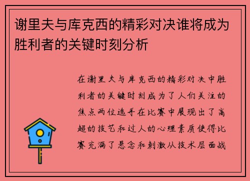 谢里夫与库克西的精彩对决谁将成为胜利者的关键时刻分析