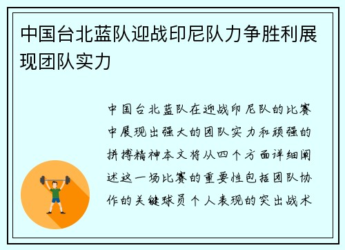 中国台北蓝队迎战印尼队力争胜利展现团队实力