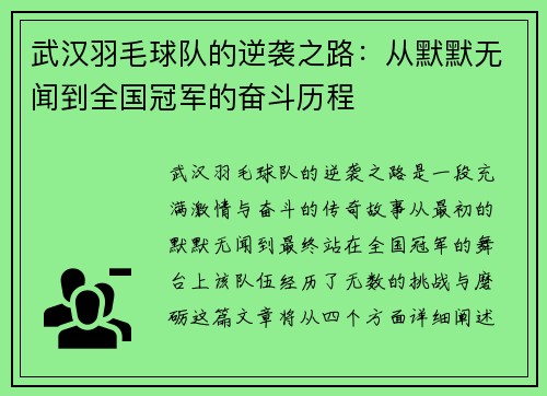武汉羽毛球队的逆袭之路：从默默无闻到全国冠军的奋斗历程