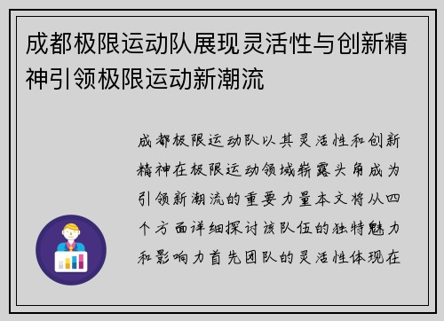 成都极限运动队展现灵活性与创新精神引领极限运动新潮流